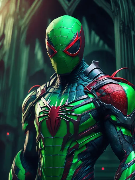 мрачный портрет Killer Spider-Man (The whole suit is covered in blood, Suit Pieces Torn Green Clothes) da Marvel, with intricate and angular cybernetic implants inside a brutalist building, Gothic brutalist cathedral, Cyberpunk, Foto premiada, Bokeh, neon ...