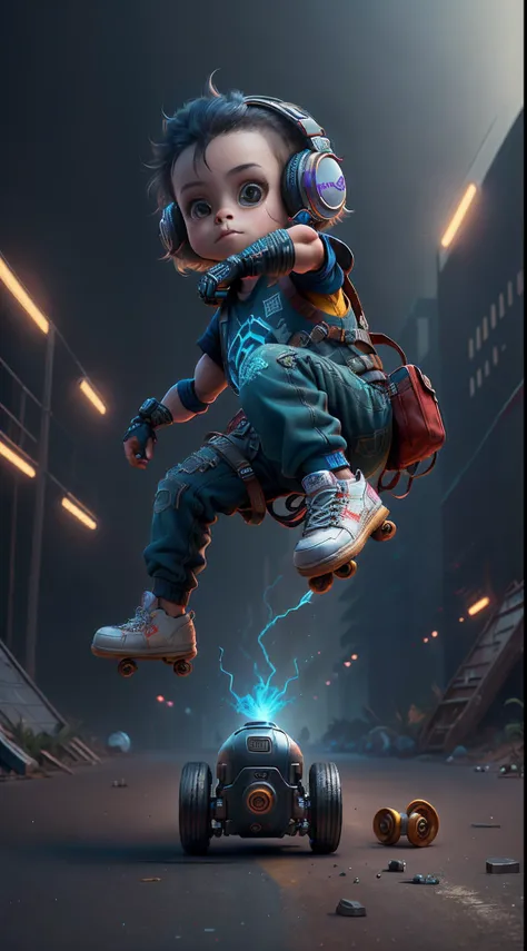 Little monkey skateboarding,magical,Upper body length，Short legs，Monkey hair on the body， Wear a futuristic machine，Skateboard shoes， glowing headphones，OC Render, Ray traching, High quality, High detail, high resolution, 8K,