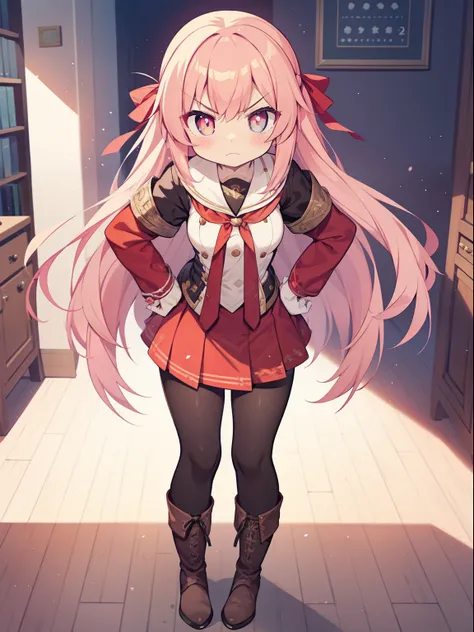 (1girl in:1.2), (Solo:1.2), masutepiece, nffsw、Shaders、Brilliant Textured Work、Ultra-detailed eyes、ultra-intricate pupil in eyes、top-quality、Pink hair、Super long hair、Girls School Uniform、a miniskirt、Red garments、Tsuriformes、sharp eye、Narrow eyes、Golden ey...