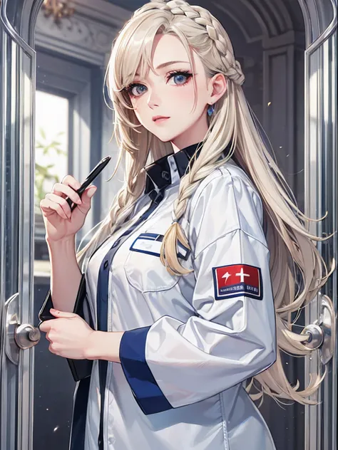 ​masterpiece、top-quality、hight resolution、High-quality images、8K、１maidennurse、detaileds、the detail、Detailed eye depiction、skin gloss、shinny hair、platinum-blonde、Long braided hair、Soft hair、anastasia、portlate、Workwear、measurement、a notepad