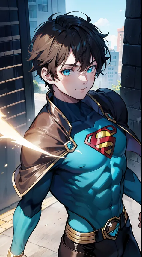 Young guy, short brown hair, Cyan eyes, brawn, Black Superman Costume, ssmile, Masterpiece, hiquality