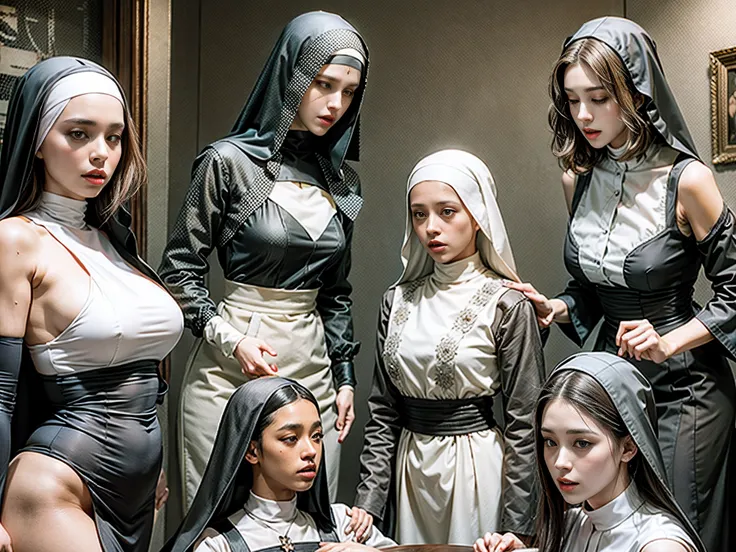 the nun in the middle has a futanari  thats so long that it reaches the stroking hand of the nun on the right