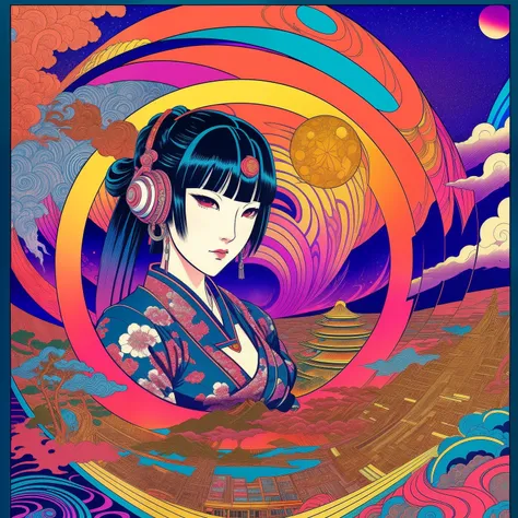 ukiyoe style, multi dimension universe, psychedelic color, cyber punk