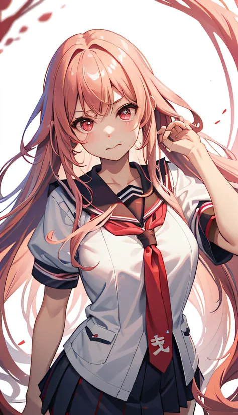 1个Giant Breast Girl，Look away slightly，Be red in the face，is shy，Mouth closed，Vivid expressions，Japanese high school uniform，Drenched uniform，serafuku，Sheer bra，Pink hair，long whitr hair，Light background