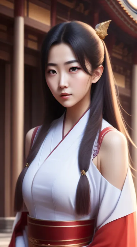 Best quality,masterpiece,ultra high res,(photorealistic:1.4),anime girl,shoulder,charming,Looking at the camera,xiuxian,weapon,east asian architecture,sheath,architecture,