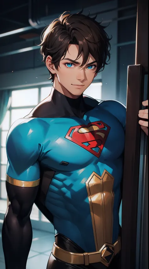 Young guy, short brown hair, Cyan eyes, brawn, Black Superman Costume, ssmile, Masterpiece, hiquality