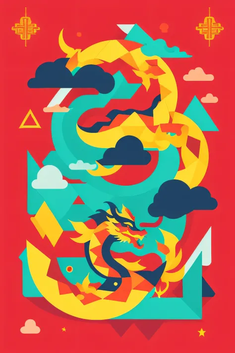 Flat illustration geometric shapes Chinese dragon Memphis