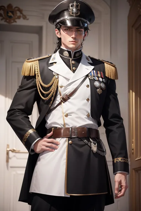 He had Dark hair , blue eyes , He had medium build , He was wearing A german style black Marshall unifrom decorated with White and gray colores ,Wearing a german style black Marshall Cao , standing strong as his arms at his back