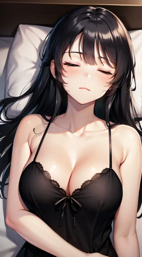 ((masterpiece, best quality, highres, UHD, perfect pixel)), Sakurajima mai, long hair, bangs, black hair, ((smooth texture:0.8, realistic texture:0.8)), ((medium breasts, cleavage)), (indoor, bedroom), busty, perfect body, ((fall asleep on the bed, supine,...