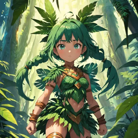 girl, dressed in clothes made of plants, child, amazon rainforest, amazon warrior, amazon guardian, strong, strong, pretty, cute