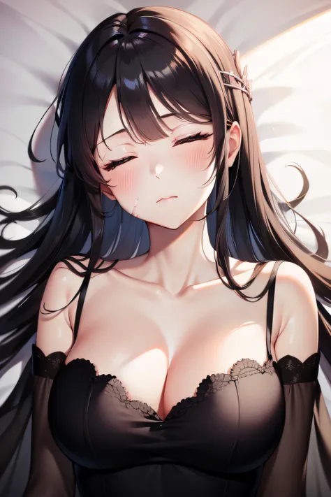 ((masterpiece, best quality, highres, UHD, perfect pixel)), Sakurajima mai, long hair, bangs, black hair, ((smooth texture:0.95, detailed face)), ((medium breasts, cleavage)), (indoor, bedroom), busty, perfect body, ((fall asleep on the bed, supine, sleep ...