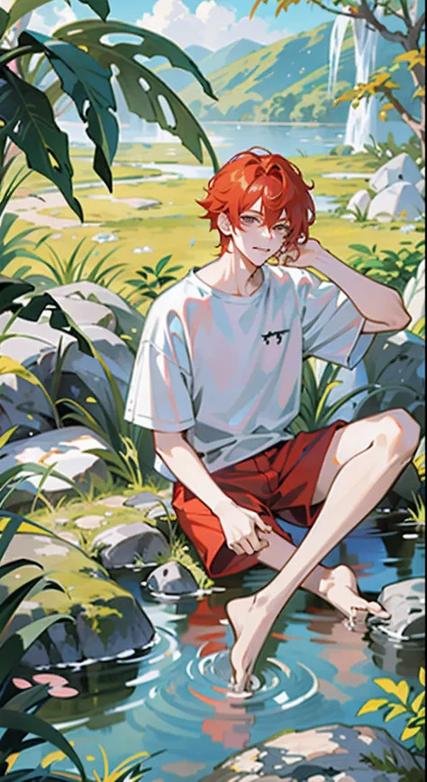 Anime boy sitting in a stream，feet in water, Inspired by Bian Shoumin, orange - haired anime boy, anime lush john 8k woods, redheaded teenager, High-quality fanart, Cai Xukun, inspired by Kun Can, Handsome anime pose, drawn in anime painter studio, With re...