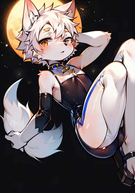 Shota the white fox wearing a fully transparent cheongsam