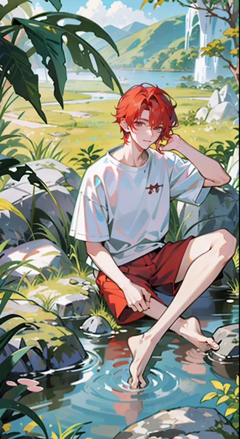 Masterpiece, Best quality, {Best quality}, {{Masterpiece}}, {A high resolution}, {{{field field}}, The is very detailed, illustration, Romantic, Sharp focus, Male focus，Anime boy sitting in a stream，feet in water, Inspired by Bian Shoumin, orange - haired ...