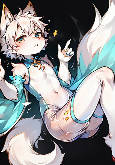 Shota the white fox wearing a fully transparent cheongsam