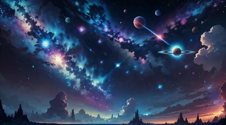 Space with all planets blue and pink with bright white stars background Miyazaki style，Swirling starry sky color