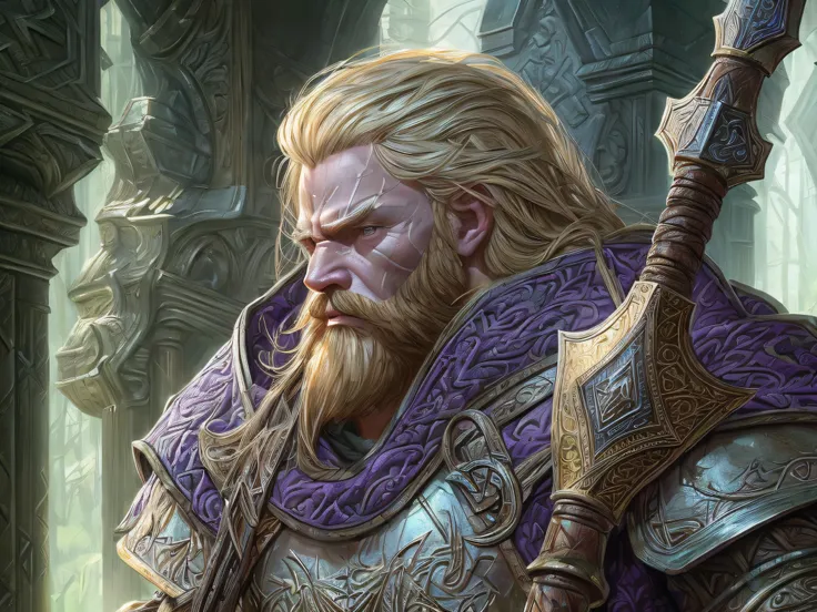 a picture of dwarf paladin of the crown protecting the palace, 1male dwarf, holy knight, protector of the crown, full body (best details, Masterpiece, best quality :1.5), blond hair, long hair, blond beard, full body (best details, Masterpiece, best qualit...