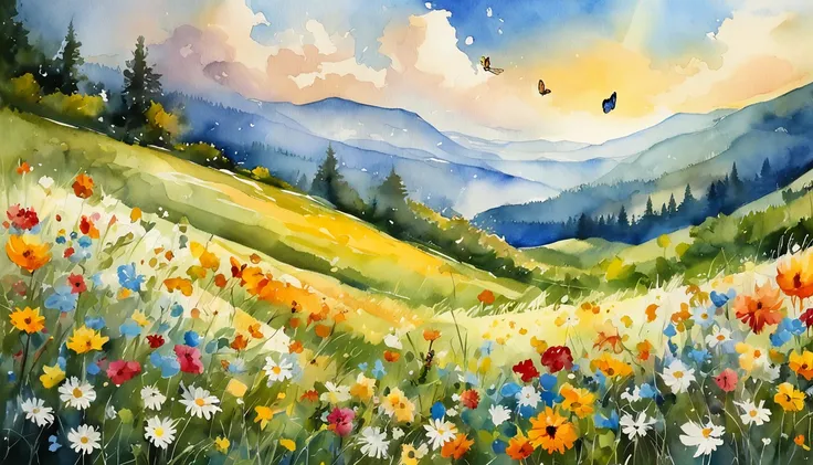 (from below, the sky above, open fields below), blue sky, white clouds, sun, sunlight, fields, mountains, trees, butterfly, meadows, flowers, wind, sunshine, (dynamic composition: 1.4), rich detail, rich in color, (rainbow colors: 1.2), (luminous, atmosphe...