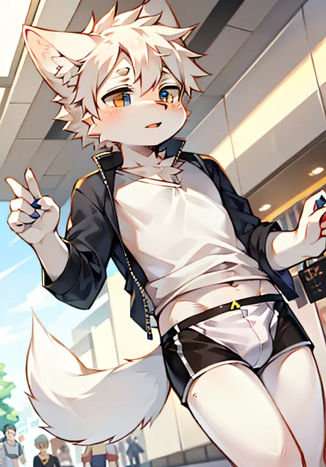 White fox Shota, wearing only briefs, is in the mall