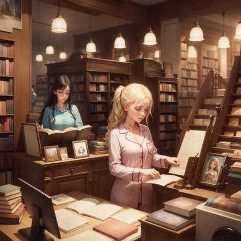 Bookstore,fairy tales,watercolor,People in pajamas,Bookstore Employees,cash desk,dream,Dream Department Store