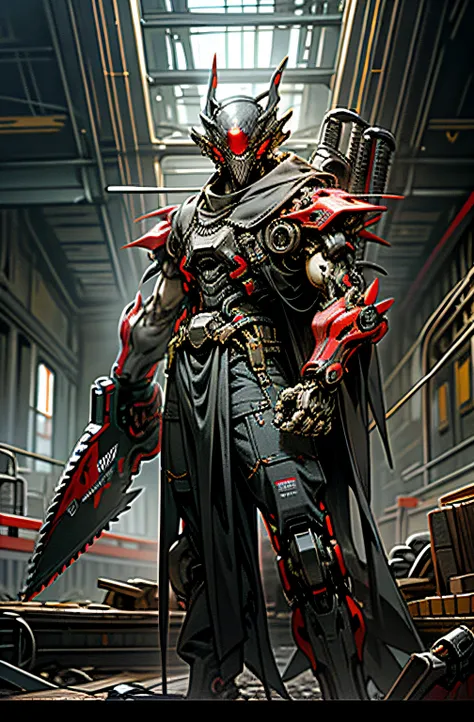 dark_fantasy,cyberpunk,(chain saw,chain saw man,red:1.1),1man,mechanical marvel,robotic presence,cybernetic guardian,