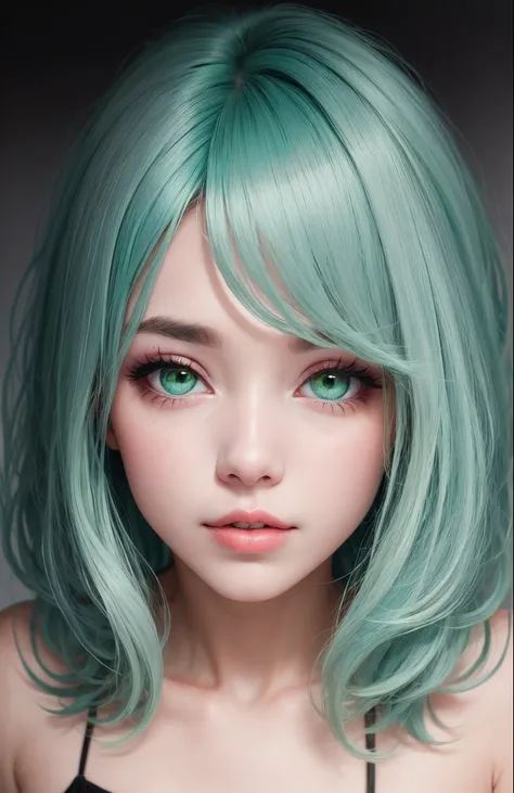 Mint green outer hair
Pink eyes