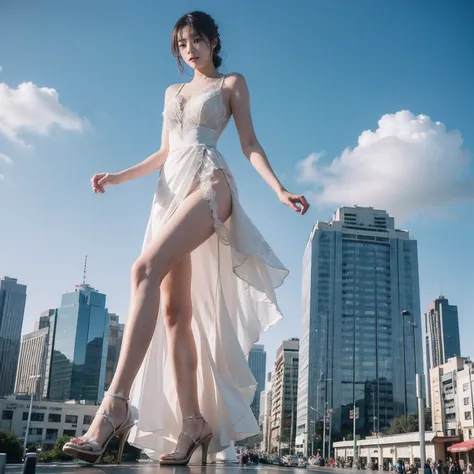 minigiantess，Full body photo，gtscity，skyscraper，Asian beauty，wedding dress,Big breasts，(Long legs:1.2),Extremely tall girl，Beautiful looks，No branding，Perfect lighting，Cinematic quality，8K,High quality,(GTS:1.5),ground  view，stepping，rampage