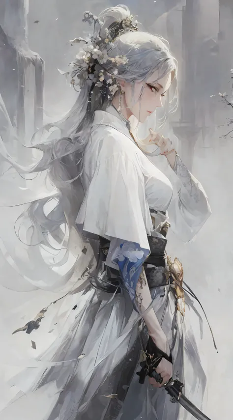 a close up of a woman with a sword in a white dress, a character portrait by Yang J, trending on cgsociety, fantasy art, beautiful character painting, artwork in the style of guweiz, guweiz, white hanfu, flowing white robes, full body wuxia, epic exquisite...