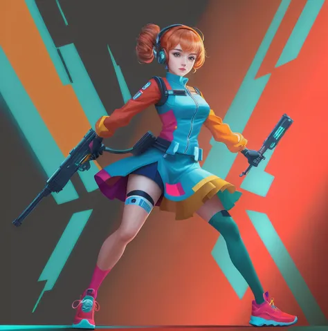 A cute Lady, wearing technocrat colourful clothes, masterpiece artwork, full body view, holding a modern machinery weapon, 8k resolution art style, dynamic postures.