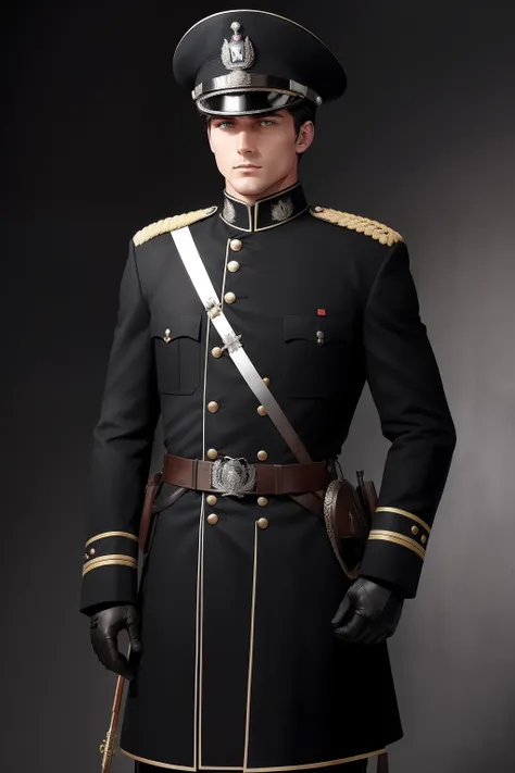 He had Dark hair , blue eyes , He had medium build , He was wearing A german style black Marshall unifrom decorated with White and gray colores ,Wearing a german style black Marshall Cao , standing strong as his arms at his back