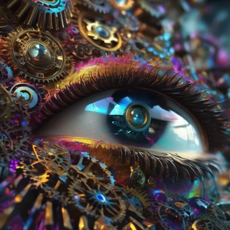 (close up of android eyes), The eye is made up of many gears, Colorful sparks are flying from the gears, surrealistic composition, extreme detailed, (fractal art:1.3), colorful, (photorealistic:1.4), Best quality, 8k, Masterpiece, raw photo