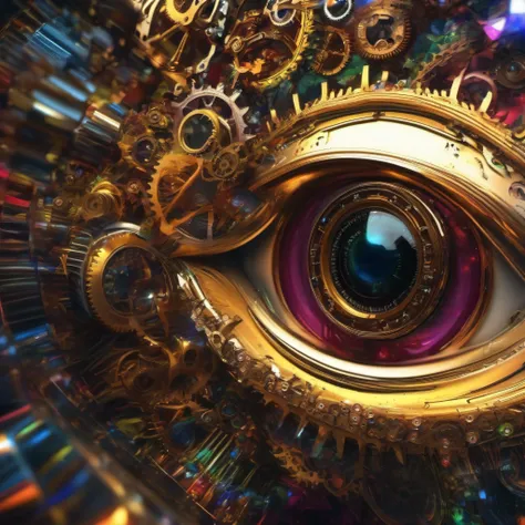 (close up of android eyes), The eye is made up of many gears, Colorful sparks are flying from the gears, surrealistic composition, extreme detailed, (fractal art:1.3), colorful, (photorealistic:1.4), Best quality, 8k, Masterpiece, raw photo