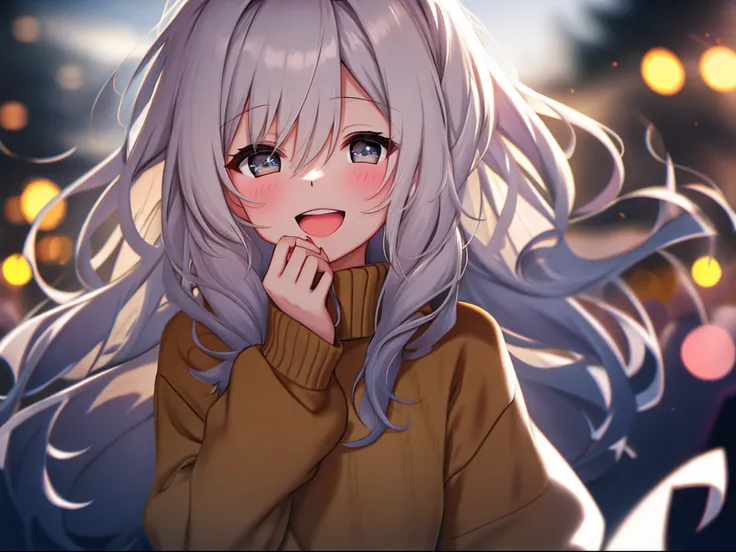 one-girl，Wear a comfortable sweater，The upper part of the body，（big laughter：1.1），（with her mouth open：1.1），（opens his eyes wide：1.2），strong lights，Background bokeh，depth of fields，blur backgroun，light particules，strong winds， （heart particles：5.5）