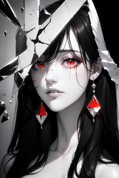 black andwhite，absolutely beautiful woman，bust，broken mirror，black and white splitting，red tears，black and white painting，broken...