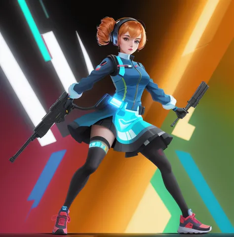 A cute Lady, wearing technocrat colourful clothes, masterpiece artwork, full body view, holding a modern machinery weapon, 8k resolution art style, dynamic postures.