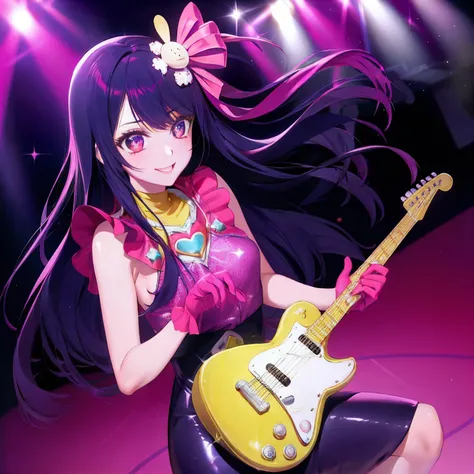 masterpiece, best quality, 1girl,   (stage),guitar,chair,sparkle,shiny skin, absurdres,artbook,Hoshino Ai,Hoshino Ais style, hair ornament, pink gloves,smile, long hair,