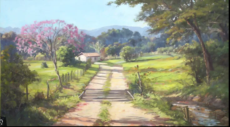 painting of a country road with a house and a stream, Esplendor rural, Directed by: Rodolfo Morales, paisagem rural, country landscape, rural, obra sobre um caminho para a liberdade, estrada rural, Rural area, Directed by: Herbert MacNair, Alex Miranda, ar...