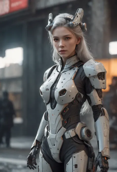 ((Best Quality)), ((Masterpiece)), (Very Detailed:1.3), 3D, Shitu-mecha, Beautiful cyberpunk woman wearing a crown with her mecha in ruins of a city of forgotten wars, streets with mecha in firefight, long silver hair, sci-fi technology, HDR (High Dynamic ...