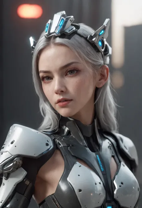 ((Best Quality)), ((Masterpiece)), (Very Detailed:1.3), 3D, Shitu-mecha, Beautiful cyberpunk woman wearing a crown with her mecha in ruins of a city of forgotten wars, streets with mecha in firefight, long silver hair, sci-fi technology, HDR (High Dynamic ...