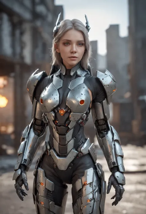 ((Best Quality)), ((Masterpiece)), (Very Detailed:1.3), 3D, Shitu-mecha, Beautiful cyberpunk woman wearing a crown with her mecha in ruins of a city of forgotten wars, streets with mecha in firefight, long silver hair, sci-fi technology, HDR (High Dynamic ...