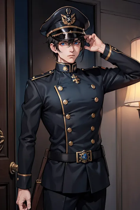 He had Dark hair , blue eyes , He had medium build , He was wearing A german style black Marshall unifrom ,a german style black Marshall Cap , standing strong as his arms at his back