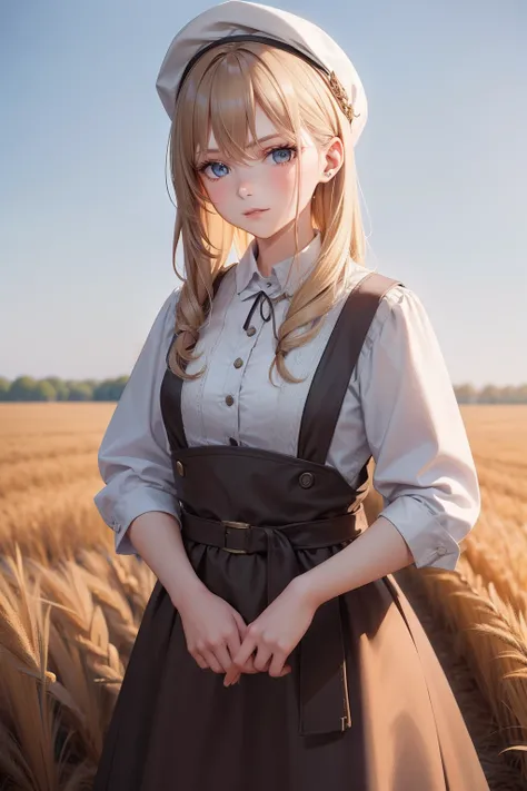 Create Slavic 30 years old lady who is in the field of grain