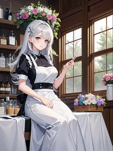 ​masterpiece、top-quality、hight resolution、High-quality images、8K、１maidennurse、detaileds、Detailed eye depiction、skin gloss、shinny hair、colourfull、long white-silver hair、Soft hair、Nomiya、portlate、Flower shop、Long apron、active