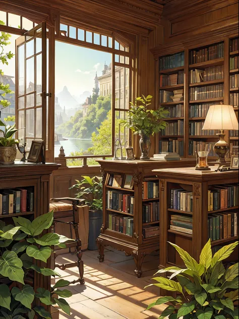 interior design of old book store, with coffee machine, realistic, 8k,atlibrary、very extremely beautiful、Background with、opulent、Up composition,nature,illustration, original, extremely detailed wallpaper, window, scenery, plant, water, potted plant,