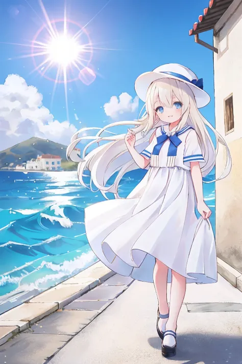 Cute little girl s，A cute girl standing on the street of a Mediterranean port town，Wind,pale-blonde hair, Blue eyes,Very long double tail,White dress,White hat,Blue sky,Kaihuai,double teeth,Closed eyes,view the viewer,Lens flare, Coastal