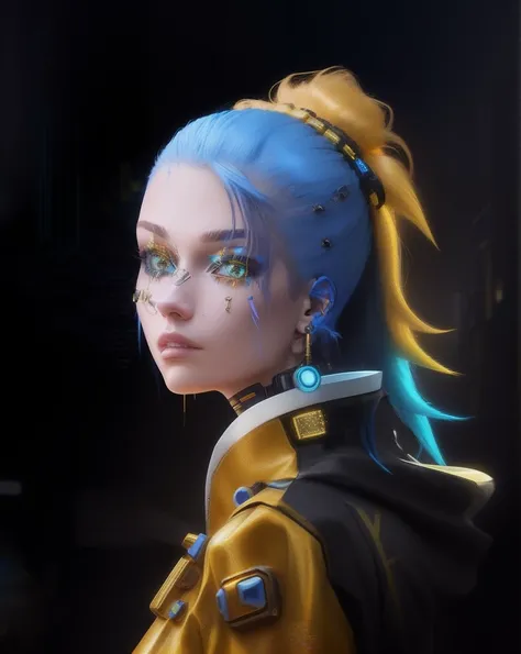 Mixture of yellow gold and blue cyberpunk style hair radiating light