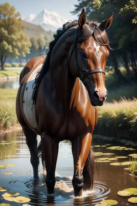 realistic brown horse in a pond, by artist unknown, symmetrical, detailed fur and skin, long shot