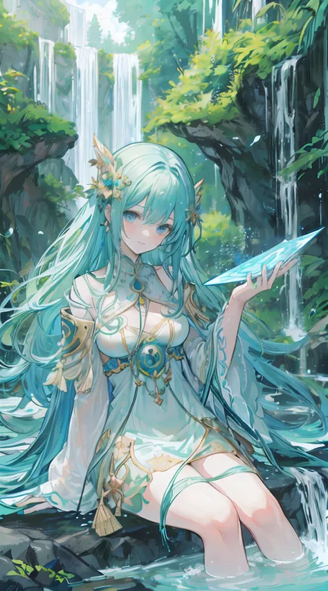 A goddess of fertility green-vibrant tied flowing hair, and blue charming eyes, she smiled beautifully and charmingly, she sat near the waterfall, make it like tarot card anime-style but no frame.