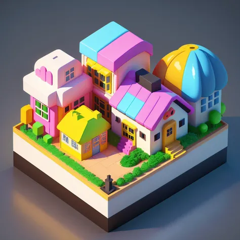 isometric house, (top-down 45-degree perspective), cartoon, candy house, colorful balloons, cute building, huge candy-like signboard, amusement park, blank background, clear structure, correct light and shadow, 3D rendering