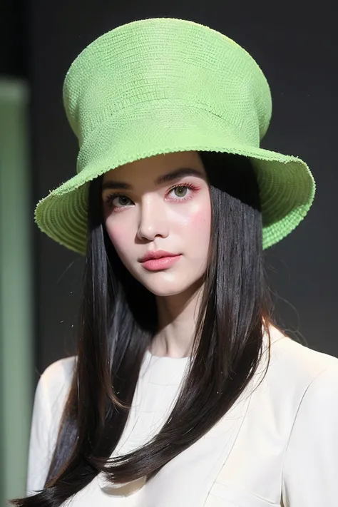 (extra detailed body、extra detailed face、best qualtiy:1.2)、femele、looking at the viewers、（Green and black wacky fashion、fashionshow、large hat、)、(Cream wall chaos on background:1.4